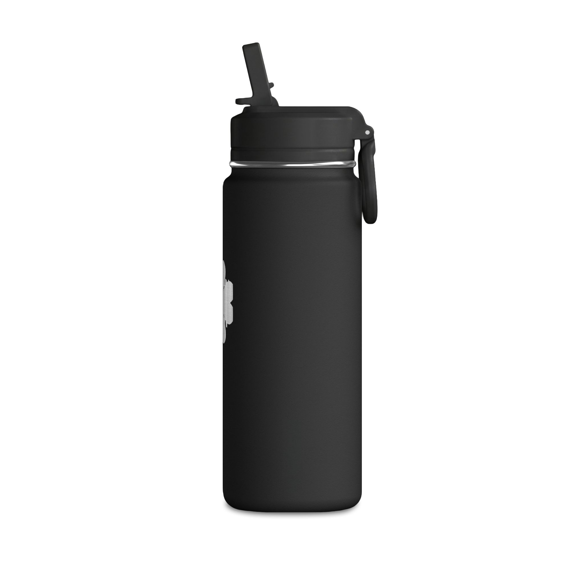 20 unssin (n. 0,6 l) pieni vesipullo – mattamusta ruostumaton teräspullo, jossa on hillitty kukkakuvioinen logo - Image 4